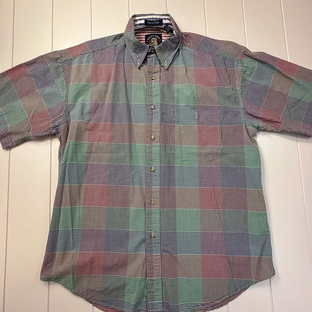 Salty Dog Imperial Poplin Multicolor Check Plaid Short Sleeve Button-Down Shirt